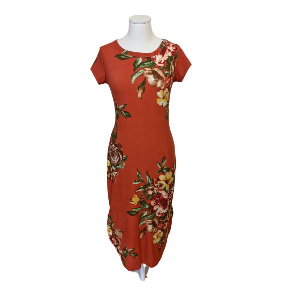 Cleo Red Floral T Shirt Dress Soft Summer Stretch Bodycon Cottage Size M